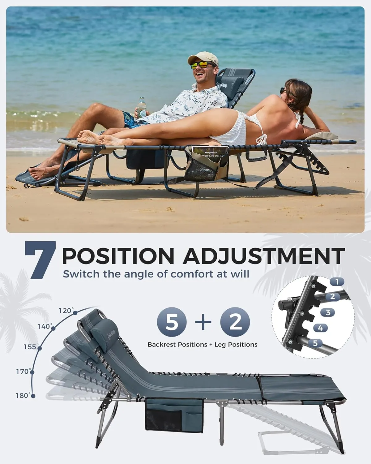 KingCamp Tanning Chair with Face Hole, Lounge Chairs Outdoor Folding Portable Comfy Adjustable 5-Position Lay Flat Foldable Chaise Chaser Lounger for Outside Beach Patio Sun Bathing Pool, Blue/Grey