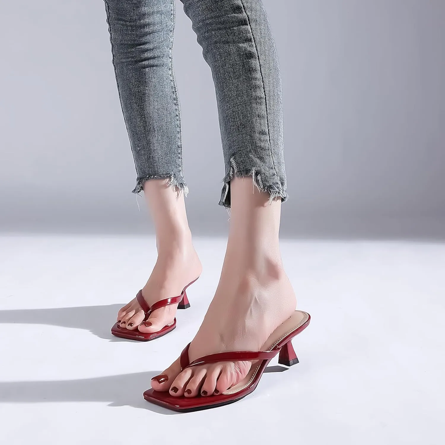 Kitten Flip Flop Thong Low Heels for Women Square Open Toe Slip On Heeled Sandals