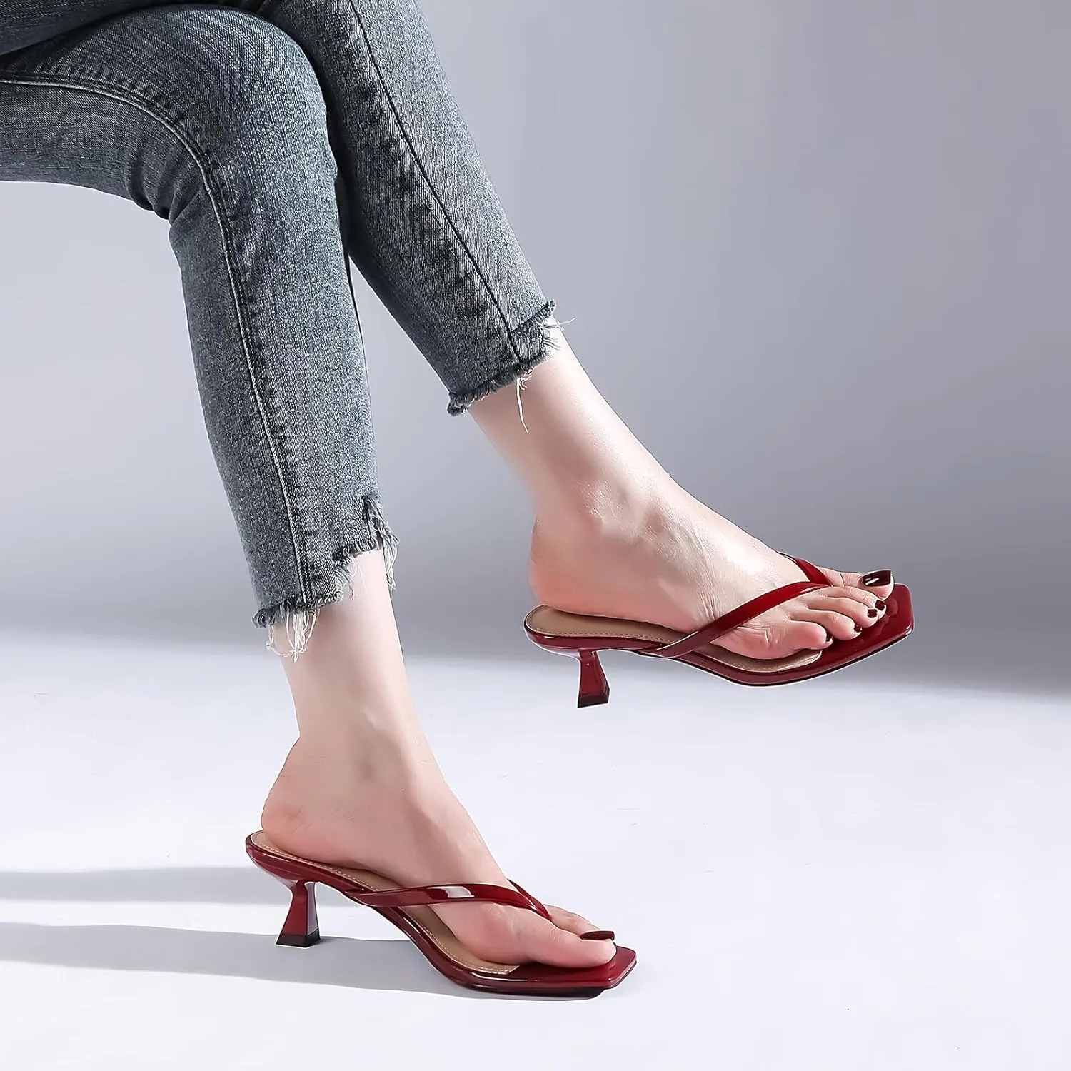 Kitten Flip Flop Thong Low Heels for Women Square Open Toe Slip On Heeled Sandals