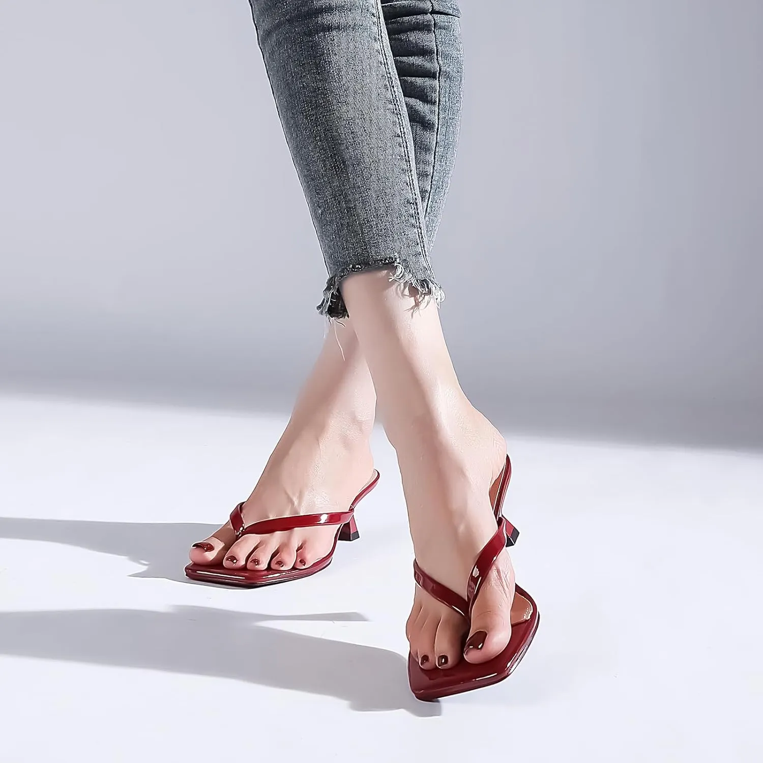 Kitten Flip Flop Thong Low Heels for Women Square Open Toe Slip On Heeled Sandals