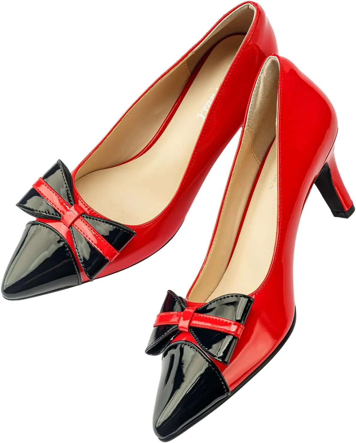 Kitten Heels for Women Pointed Toe Low Heel Pumps Slip on Bow-Knot Dress Shoes Two-Tone Evening Bride Wedding Party Office