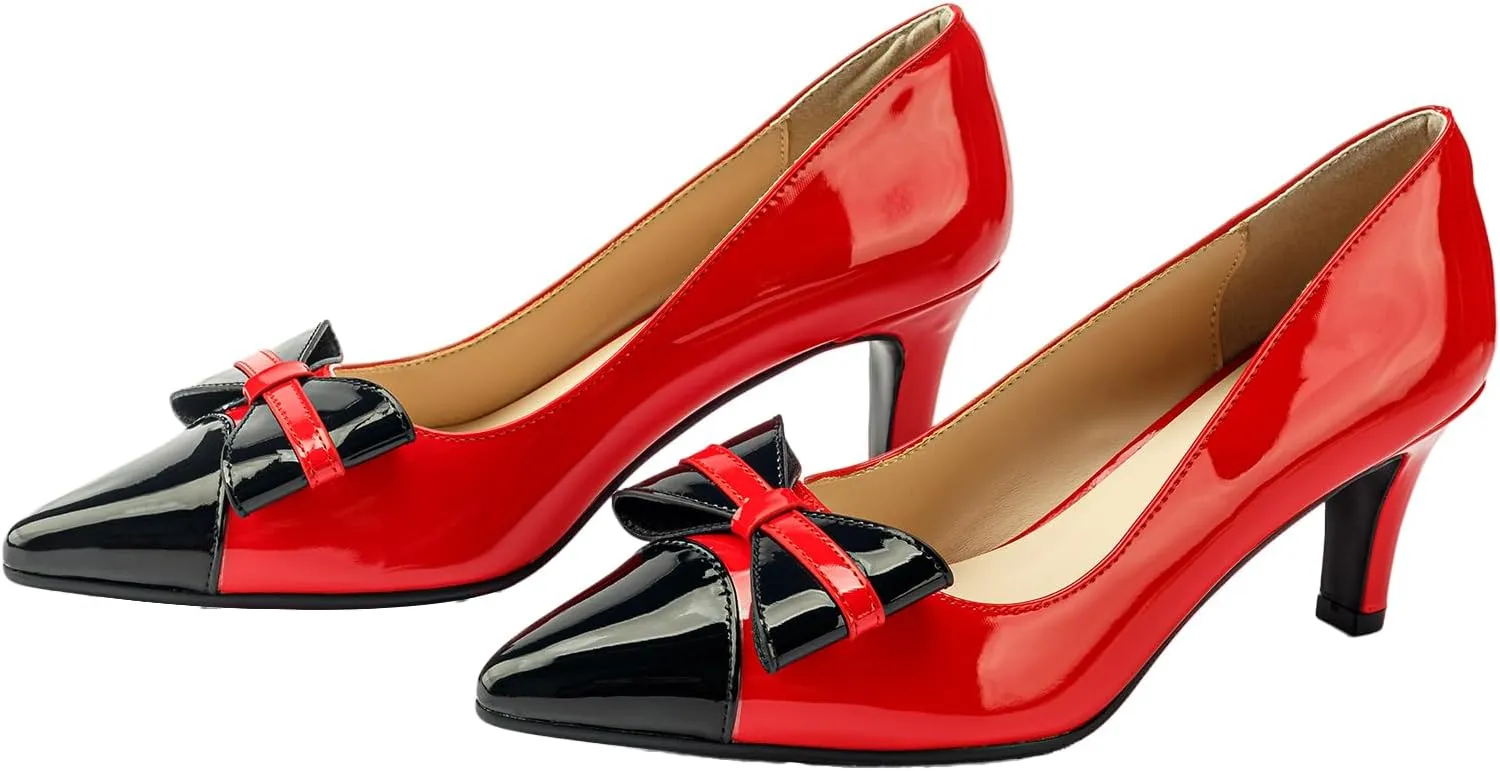 Kitten Heels for Women Pointed Toe Low Heel Pumps Slip on Bow-Knot Dress Shoes Two-Tone Evening Bride Wedding Party Office
