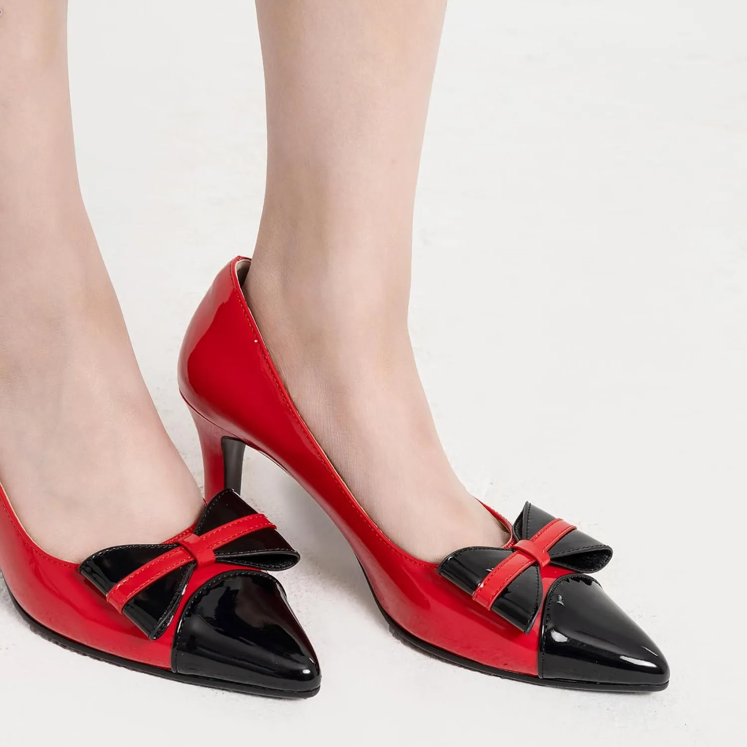 Kitten Heels for Women Pointed Toe Low Heel Pumps Slip on Bow-Knot Dress Shoes Two-Tone Evening Bride Wedding Party Office