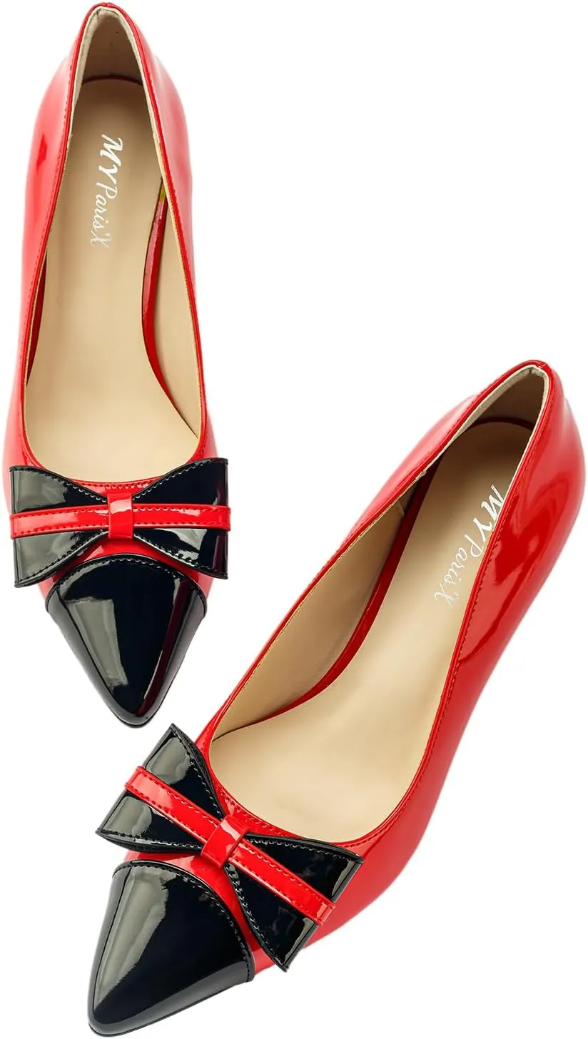 Kitten Heels for Women Pointed Toe Low Heel Pumps Slip on Bow-Knot Dress Shoes Two-Tone Evening Bride Wedding Party Office