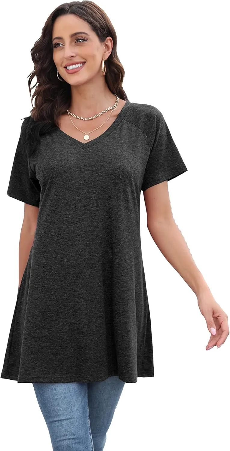 KKG Tops Tunics for Women to Wear with Leggings, Casual Loose Fit V Neck Short/Long Sleeves T Shirt