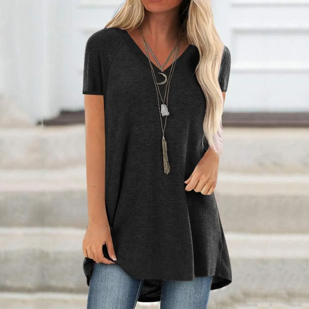 KKG Tops Tunics for Women to Wear with Leggings, Casual Loose Fit V Neck Short/Long Sleeves T Shirt