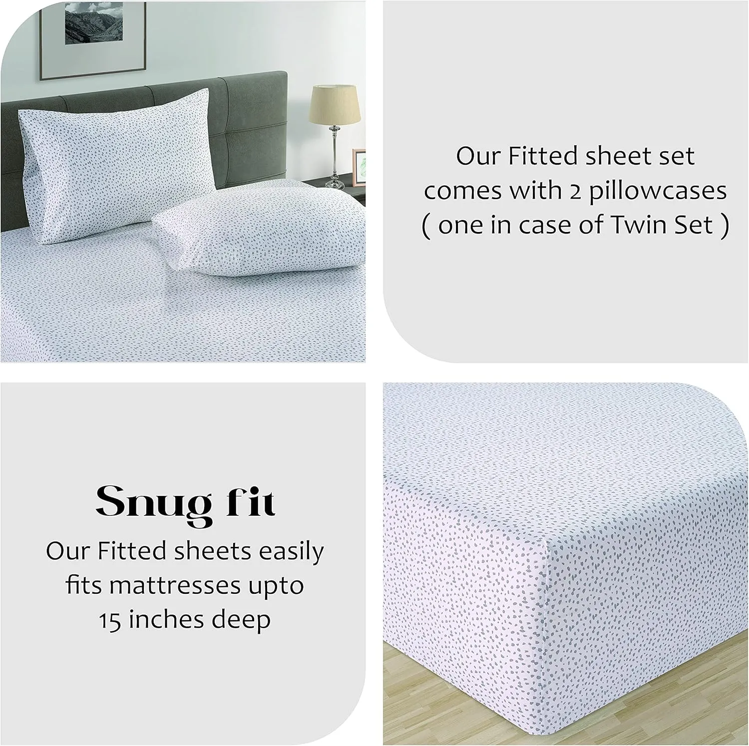 LANE LINEN 100% Organic Cotton Twin Fitted Sheet & Pillowcase Set, Percale Weave, Lightweight, Breathable, Fits Mattress Up To 15" Deep - White (Grey Dot) (No Flat Sheet)