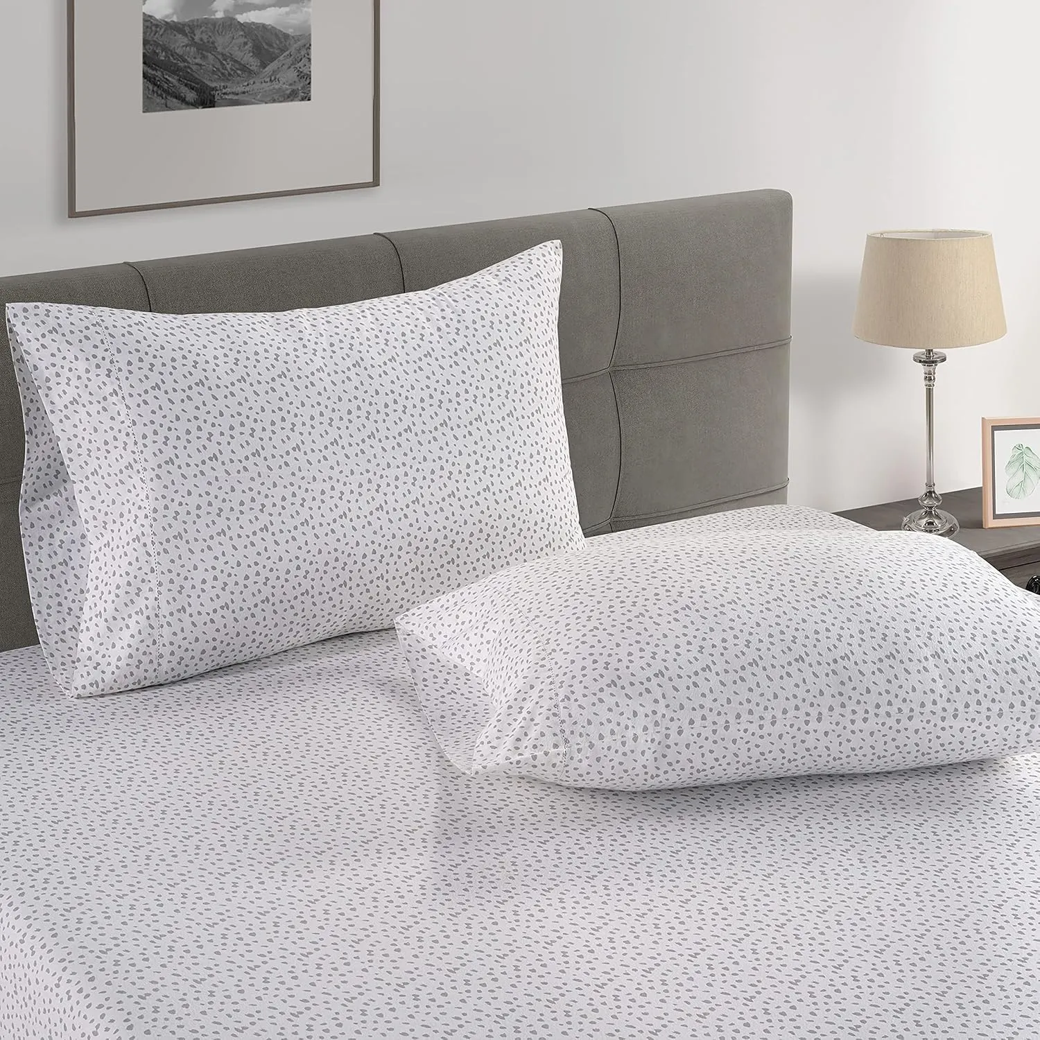 LANE LINEN 100% Organic Cotton Twin Fitted Sheet & Pillowcase Set, Percale Weave, Lightweight, Breathable, Fits Mattress Up To 15" Deep - White (Grey Dot) (No Flat Sheet)