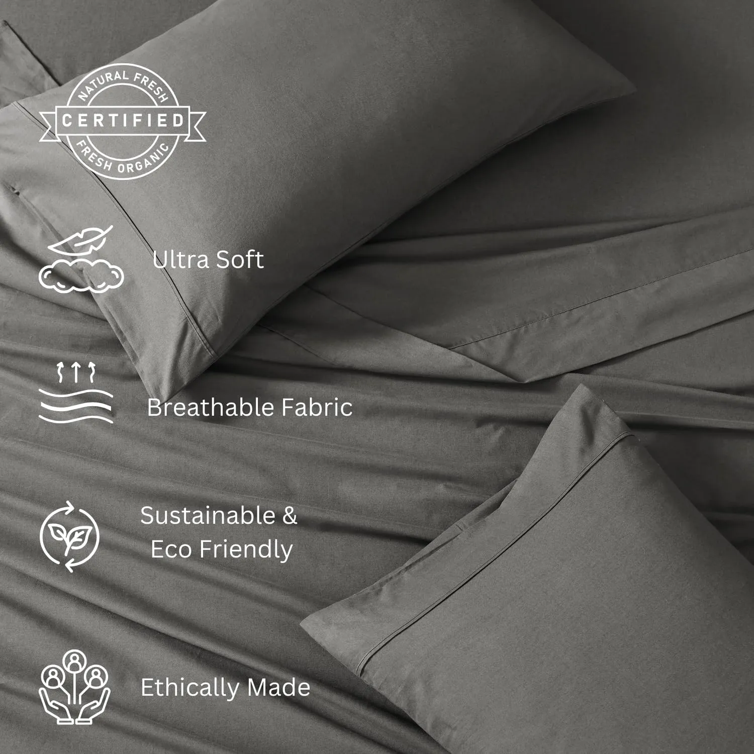 LANE LINEN Sustainably Produced 100% Organic Cotton Queen Size Bed Sheets, Soft & Comfy Naturally Cooling Percale Cotton Sheets, Low Pill Fade Resistant 15" Deep Pocket Queen Sheets– Charcoal
