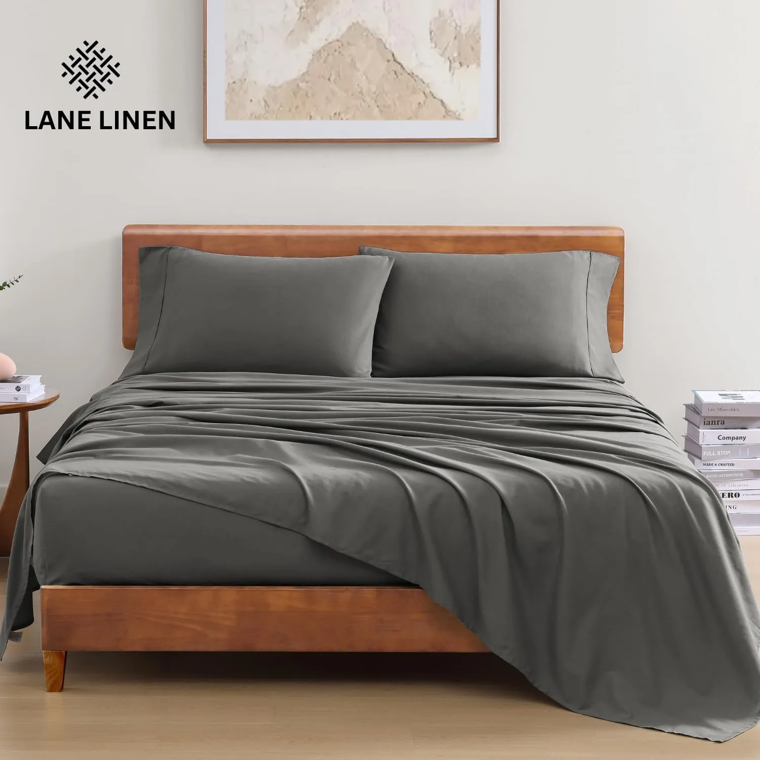 LANE LINEN Sustainably Produced 100% Organic Cotton Queen Size Bed Sheets, Soft & Comfy Naturally Cooling Percale Cotton Sheets, Low Pill Fade Resistant 15" Deep Pocket Queen Sheets– Charcoal