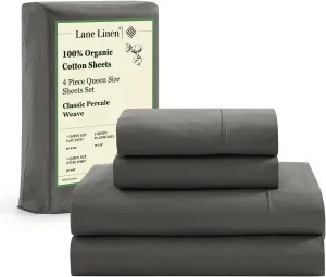 LANE LINEN Sustainably Produced 100% Organic Cotton Queen Size Bed Sheets, Soft & Comfy Naturally Cooling Percale Cotton Sheets, Low Pill Fade Resistant 15" Deep Pocket Queen Sheets– Charcoal