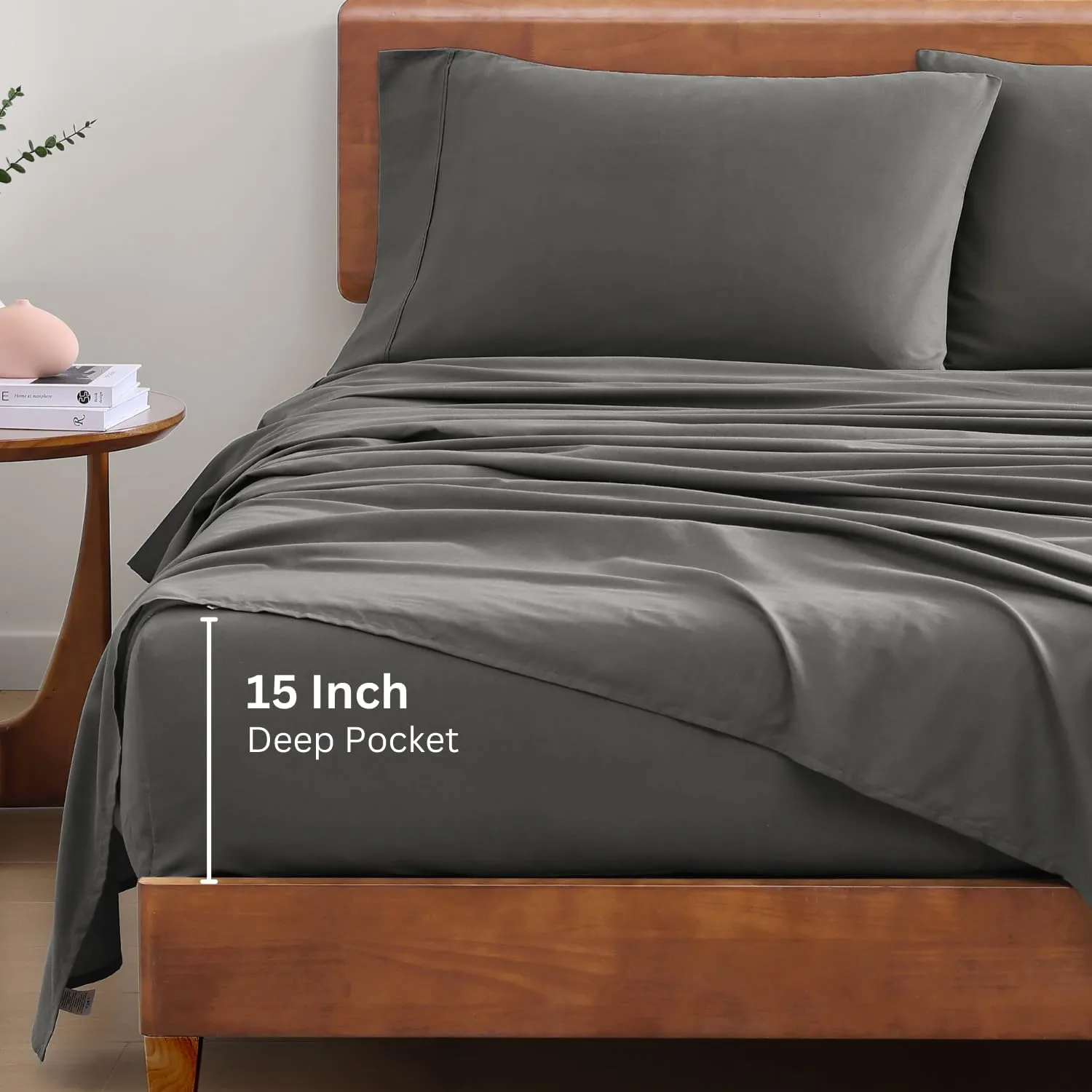 LANE LINEN Sustainably Produced 100% Organic Cotton Queen Size Bed Sheets, Soft & Comfy Naturally Cooling Percale Cotton Sheets, Low Pill Fade Resistant 15" Deep Pocket Queen Sheets– Charcoal