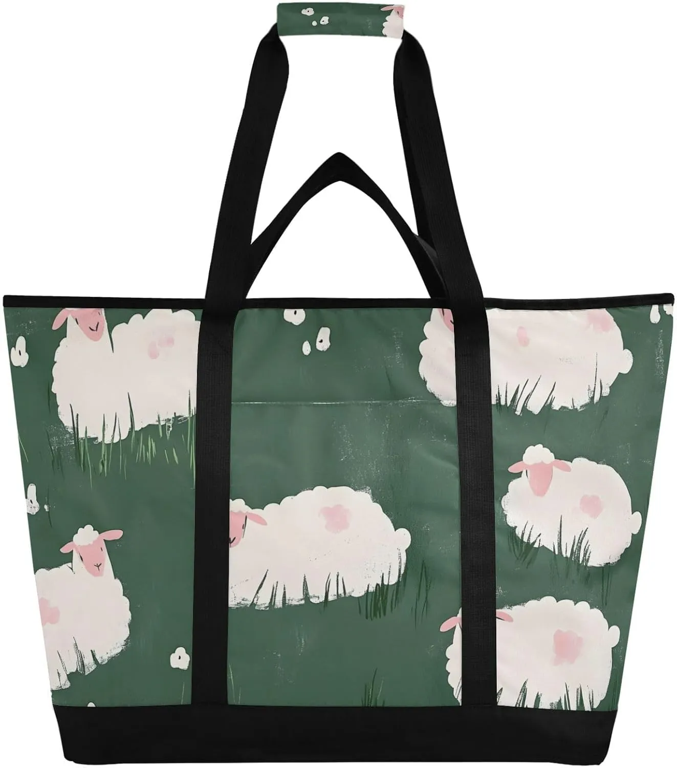 Large Insulated Cooler Bag Grassland Sheep Green, Collapsible Soft Cooler Makes a Perfect Insulated Grocery Bag, Food Delivery Bag, Travel Insulated Bag or Beach Cooler Bags