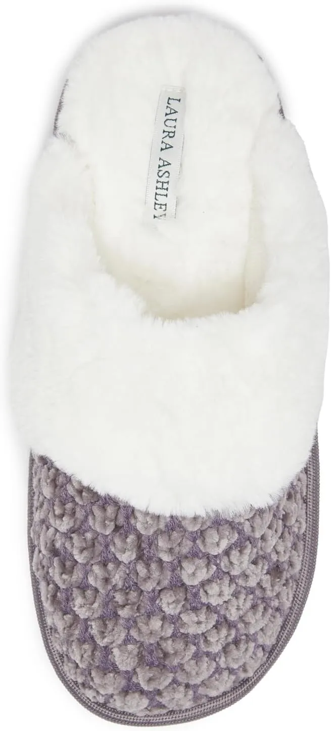 Laura Ashley Women's Chenille Plush Memory Foam Slippers, Non-Slip Indoor/Bedroom Shoes, Slip On Slippers for Women, Available in Burgundy, Grey, Navy, Sizes Small, Medium, Large, X-Large