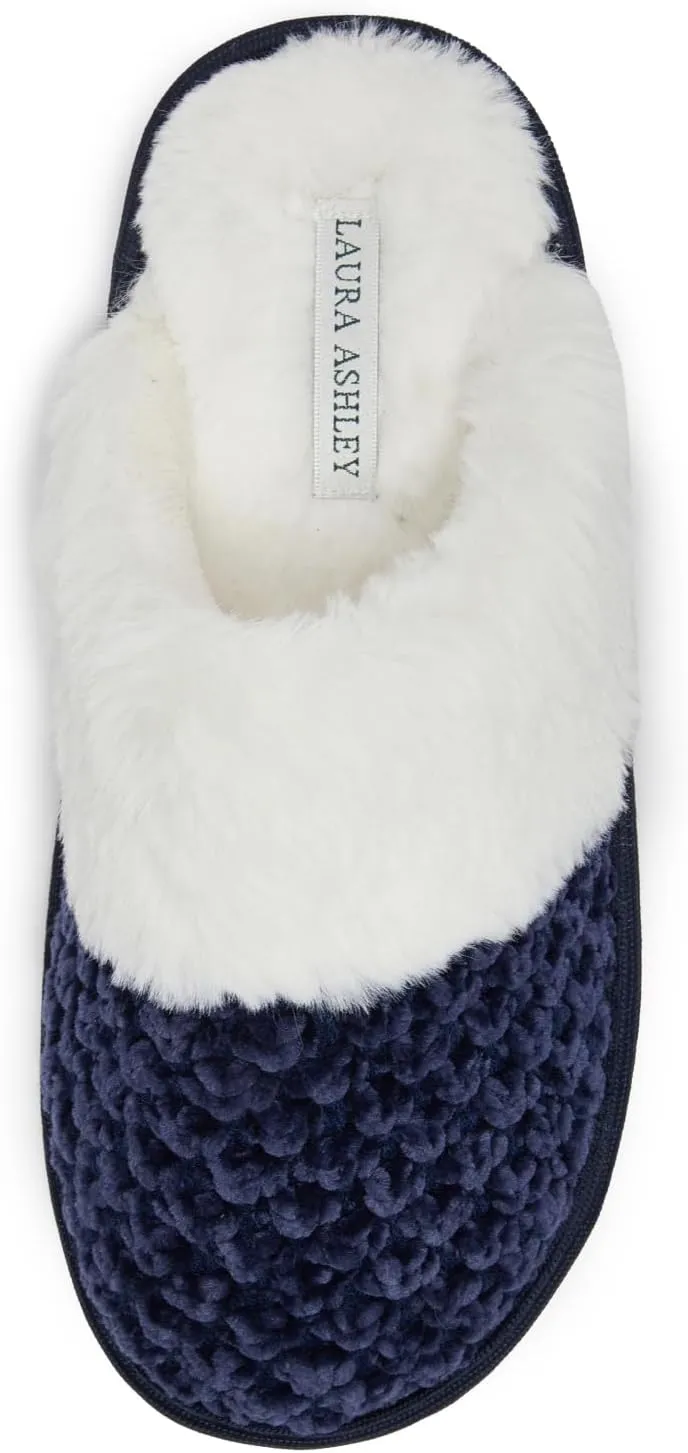 Laura Ashley Women's Chenille Plush Memory Foam Slippers, Non-Slip Indoor/Bedroom Shoes, Slip On Slippers for Women, Available in Burgundy, Grey, Navy, Sizes Small, Medium, Large, X-Large