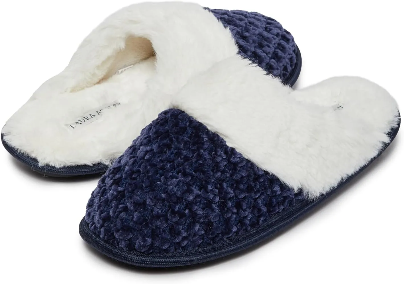 Laura Ashley Women's Chenille Plush Memory Foam Slippers, Non-Slip Indoor/Bedroom Shoes, Slip On Slippers for Women, Available in Burgundy, Grey, Navy, Sizes Small, Medium, Large, X-Large