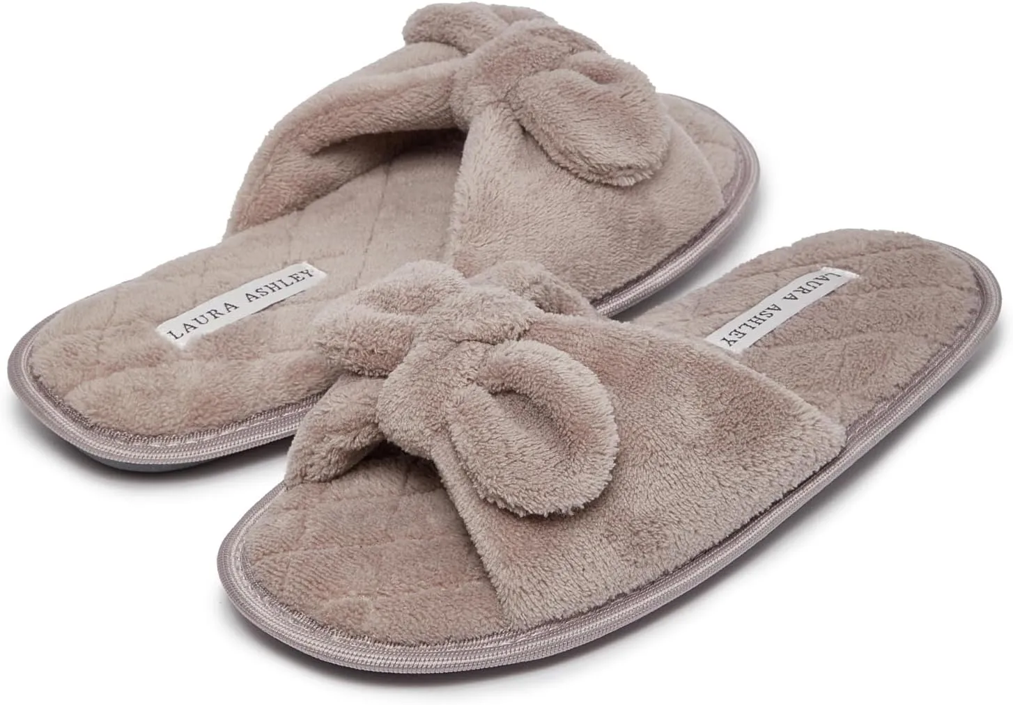 Laura Ashley Women's House Slippers - Cozy Bow Band Memory Foam Open Toe Spa Slide Slipper - Flat Slip On House Slippers for Women