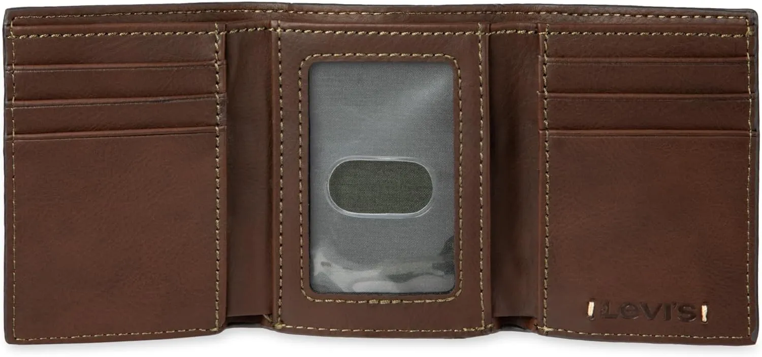 Levi's Men's Trifold Wallet-Sleek and Slim Includes Id Window and Credit Card Holder, Brown Stitch, One Size