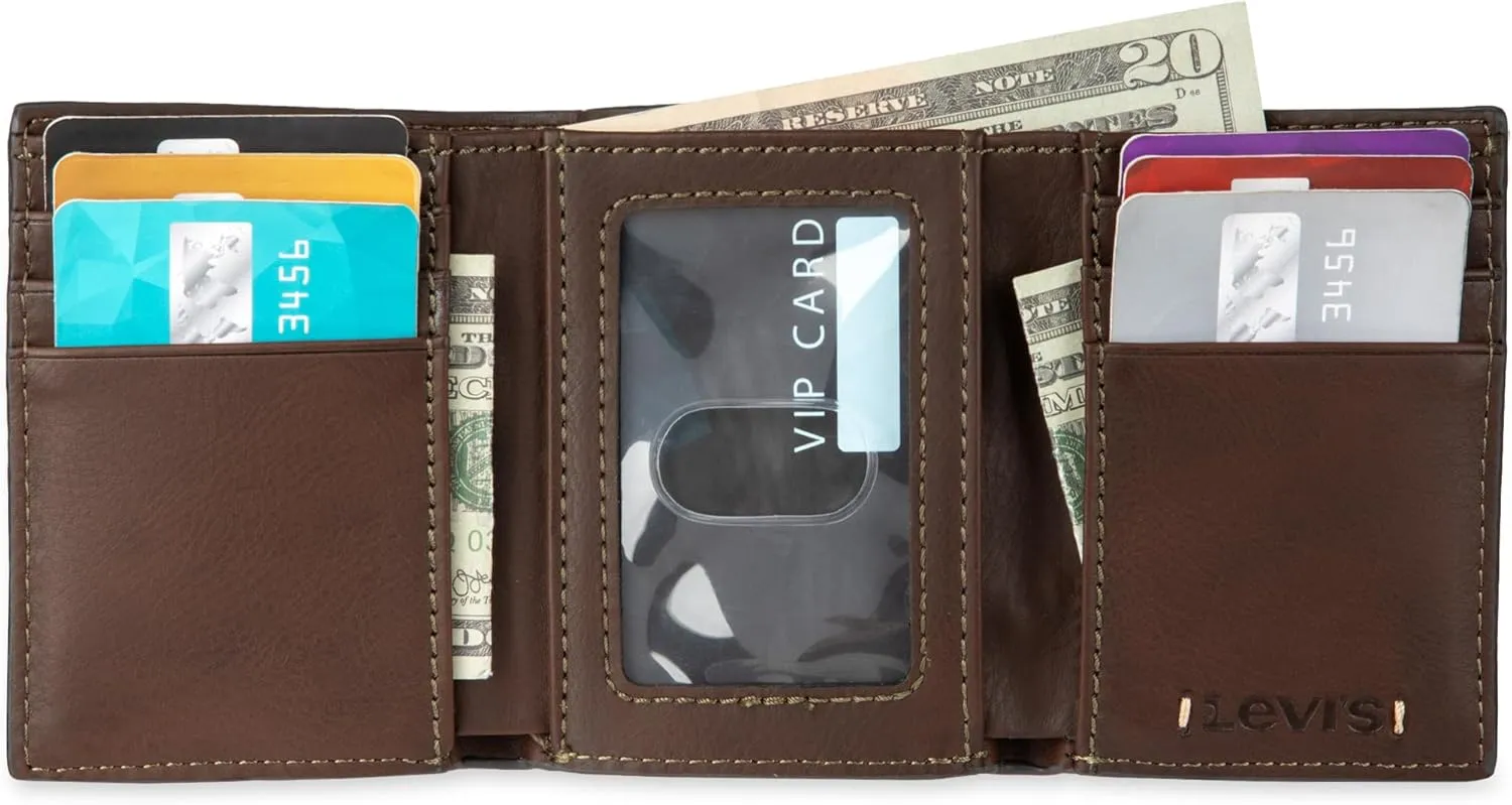 Levi's Men's Trifold Wallet-Sleek and Slim Includes Id Window and Credit Card Holder, Brown Stitch, One Size