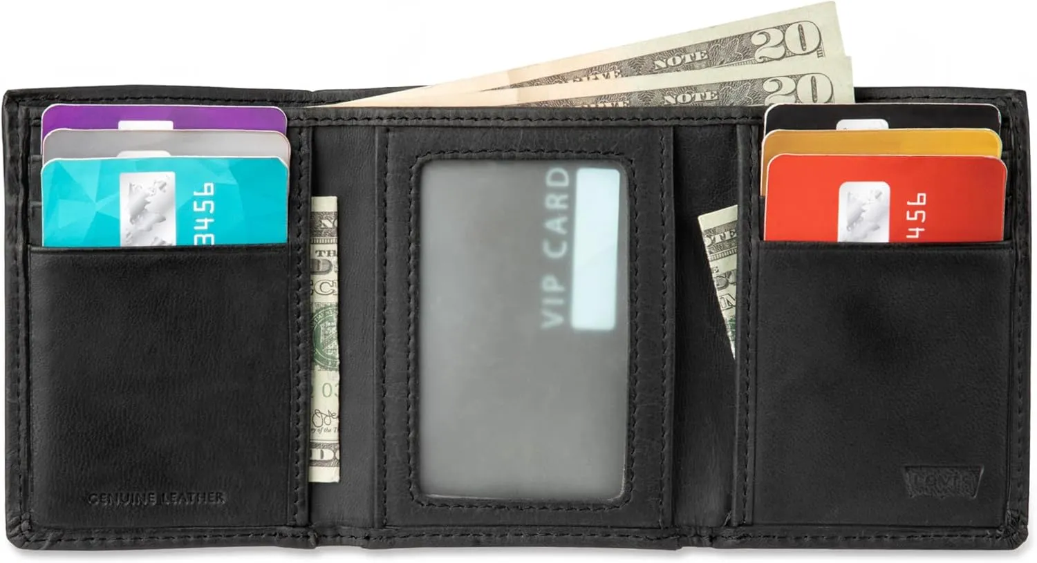 Levi's Men's Trifold Wallet-Sleek Includes Id Window and Credit Card Holder, Black Slim, One Size
