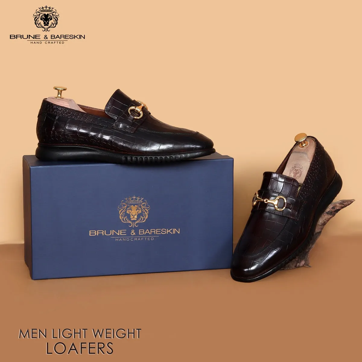 Light-Weight Loafer in Croco Textured Dark Brown Leather