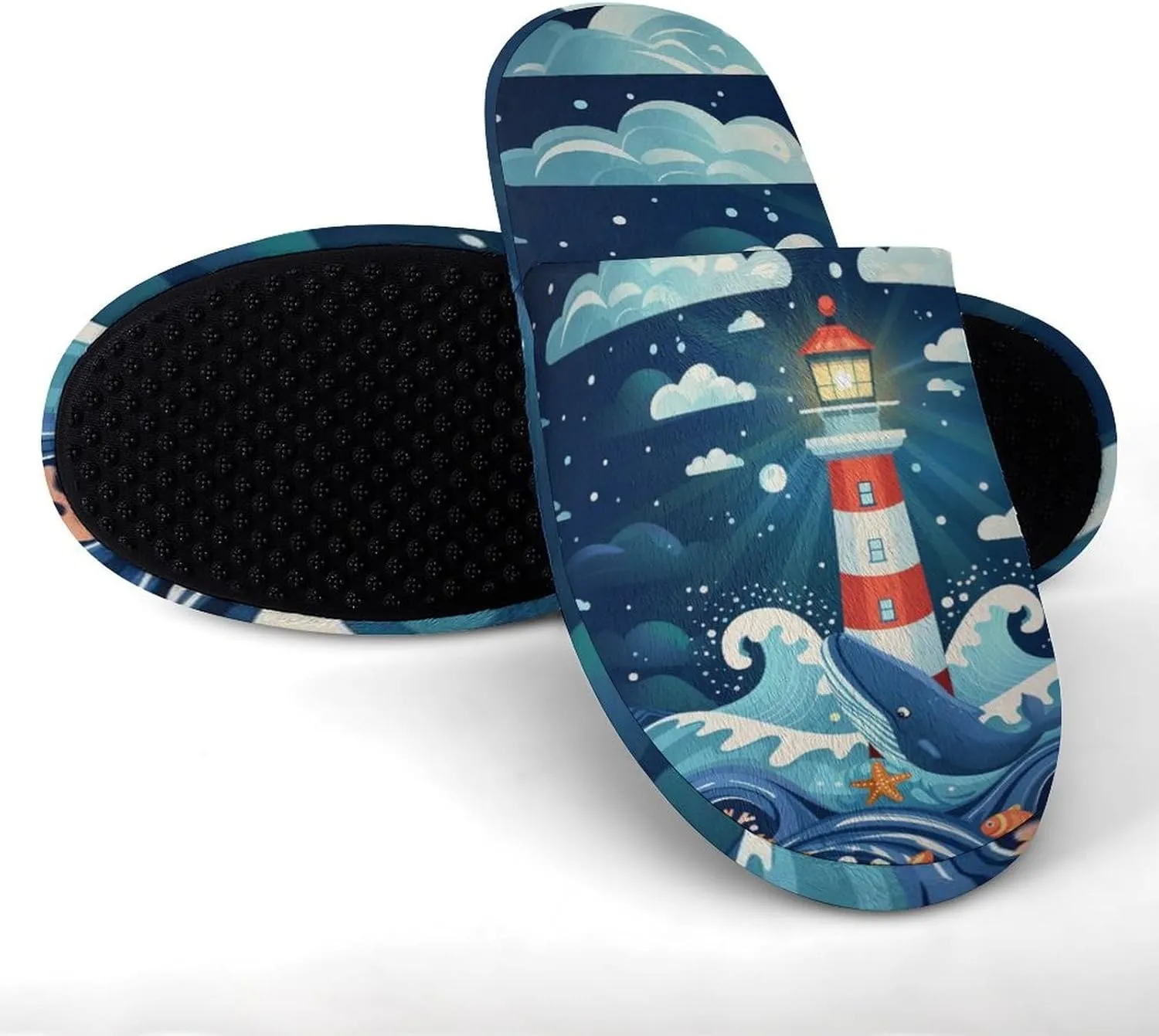 Lighthouse Whale Waves Women's Slipper Non Slip Comfortable Winter Warm Home House Shoes