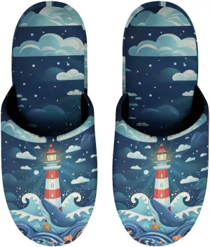 Lighthouse Whale Waves Women's Slipper Non Slip Comfortable Winter Warm Home House Shoes