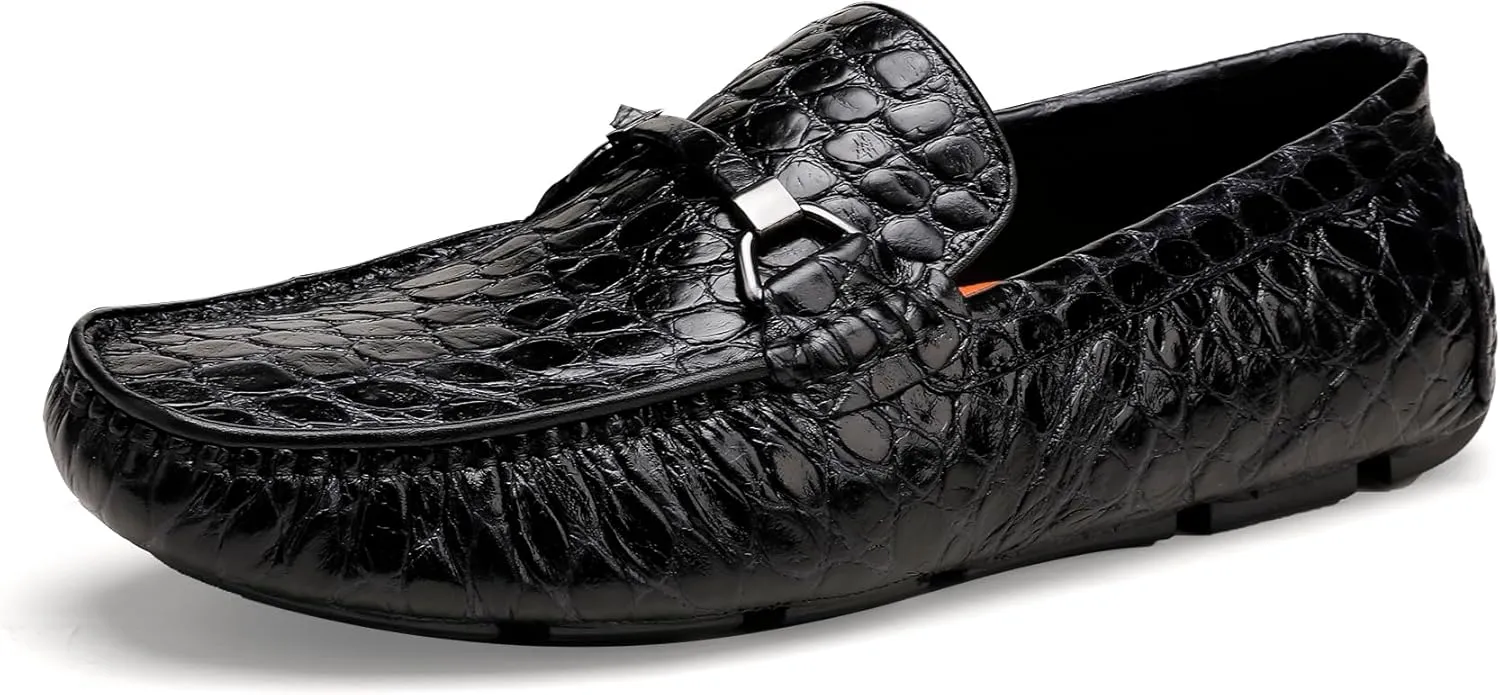 Lightweight Leather Loafers for Men, Crocodile Pattern Causel Slip on Loafers Driving Shoes
