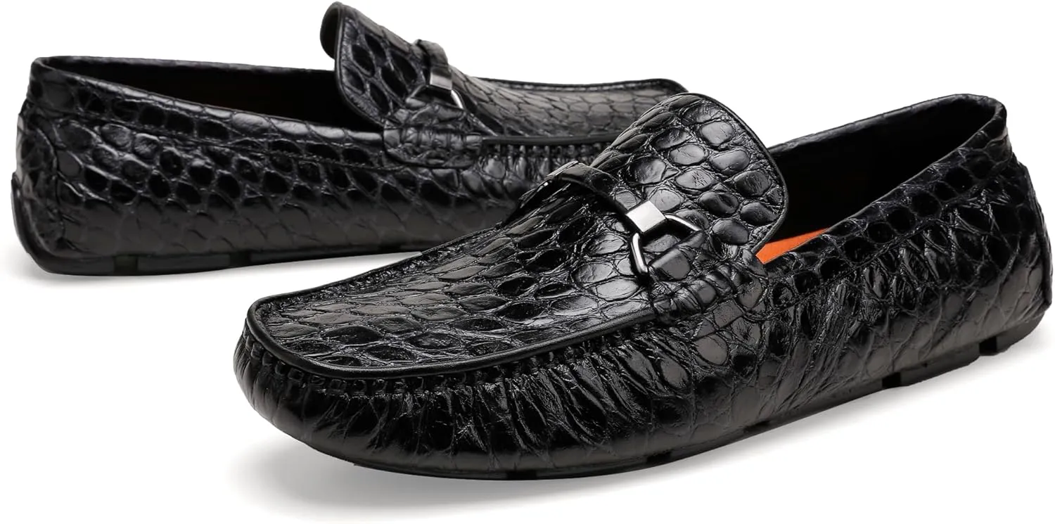 Lightweight Leather Loafers for Men, Crocodile Pattern Causel Slip on Loafers Driving Shoes