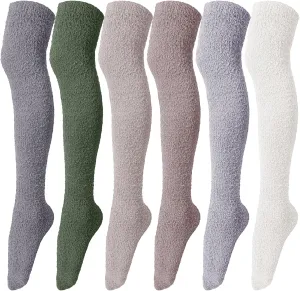 Liitrsh 6 Pairs Women Knee High Fuzzy Socks Soft Long Thigh High Warm stockings Cozy Slipper Plush Socks