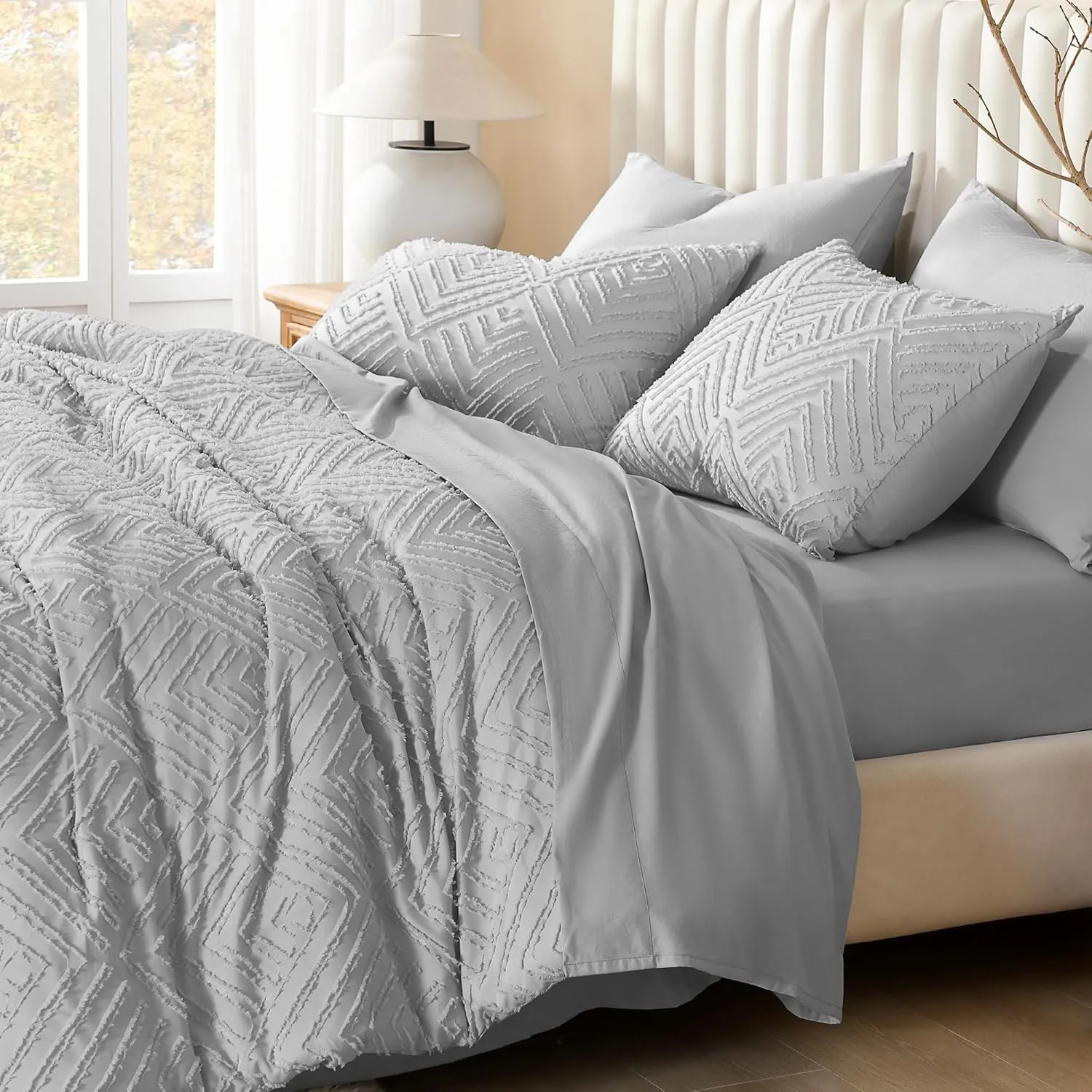 Litanika California King Size Comforter Sets Light Grey, Bed in a Bag 7 Pieces Boho Tufted, Cal King Bedding Set with Comforter, Sheet, Pillowcases & Shams