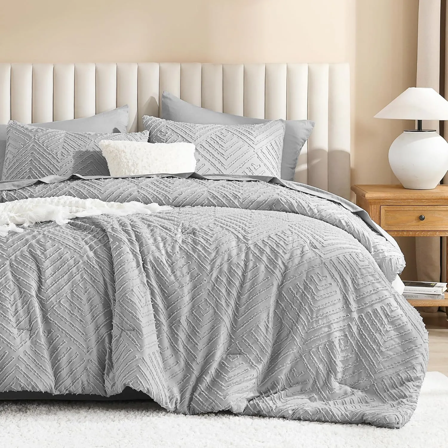 Litanika California King Size Comforter Sets Light Grey, Bed in a Bag 7 Pieces Boho Tufted, Cal King Bedding Set with Comforter, Sheet, Pillowcases & Shams