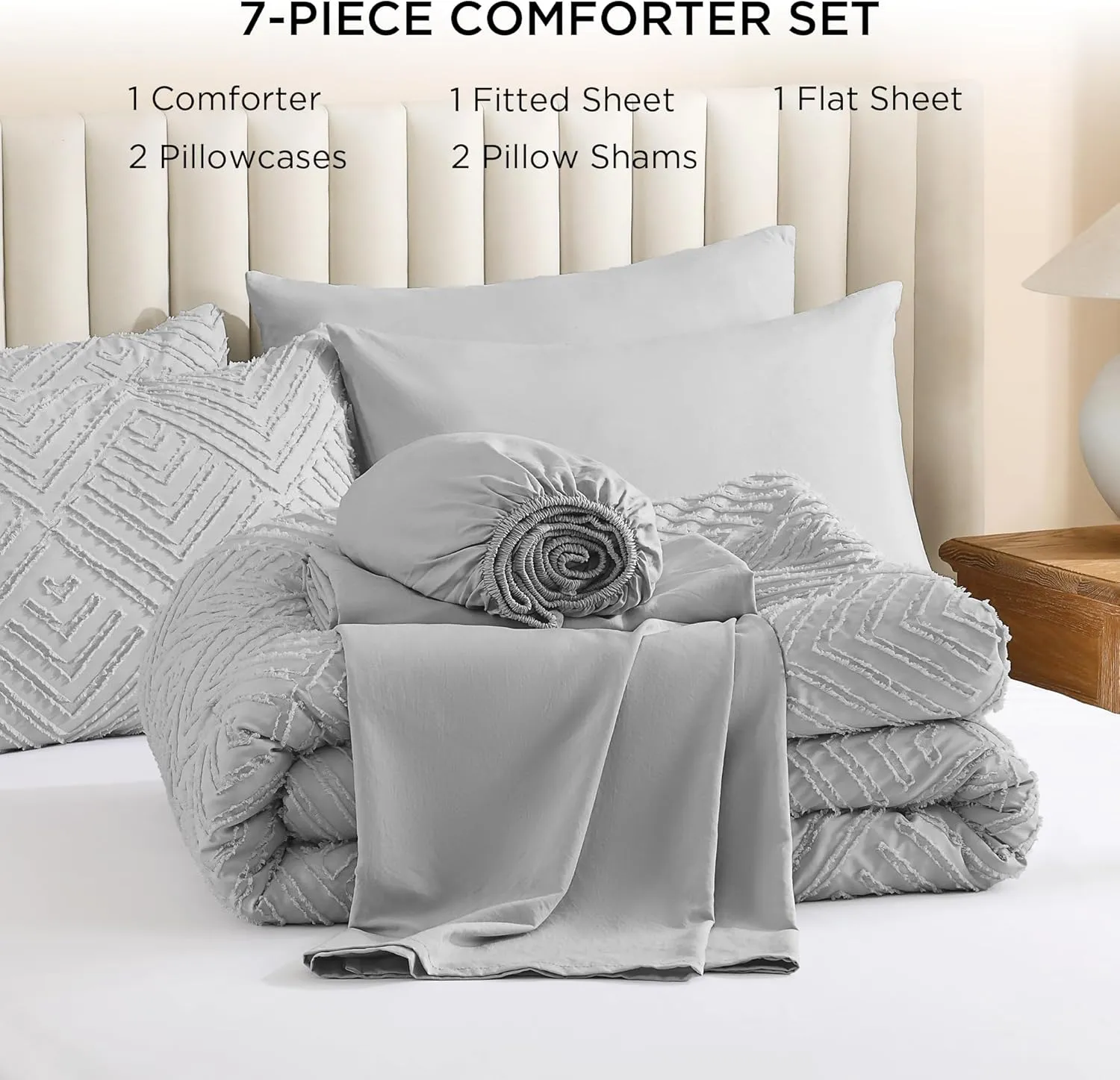 Litanika California King Size Comforter Sets Light Grey, Bed in a Bag 7 Pieces Boho Tufted, Cal King Bedding Set with Comforter, Sheet, Pillowcases & Shams