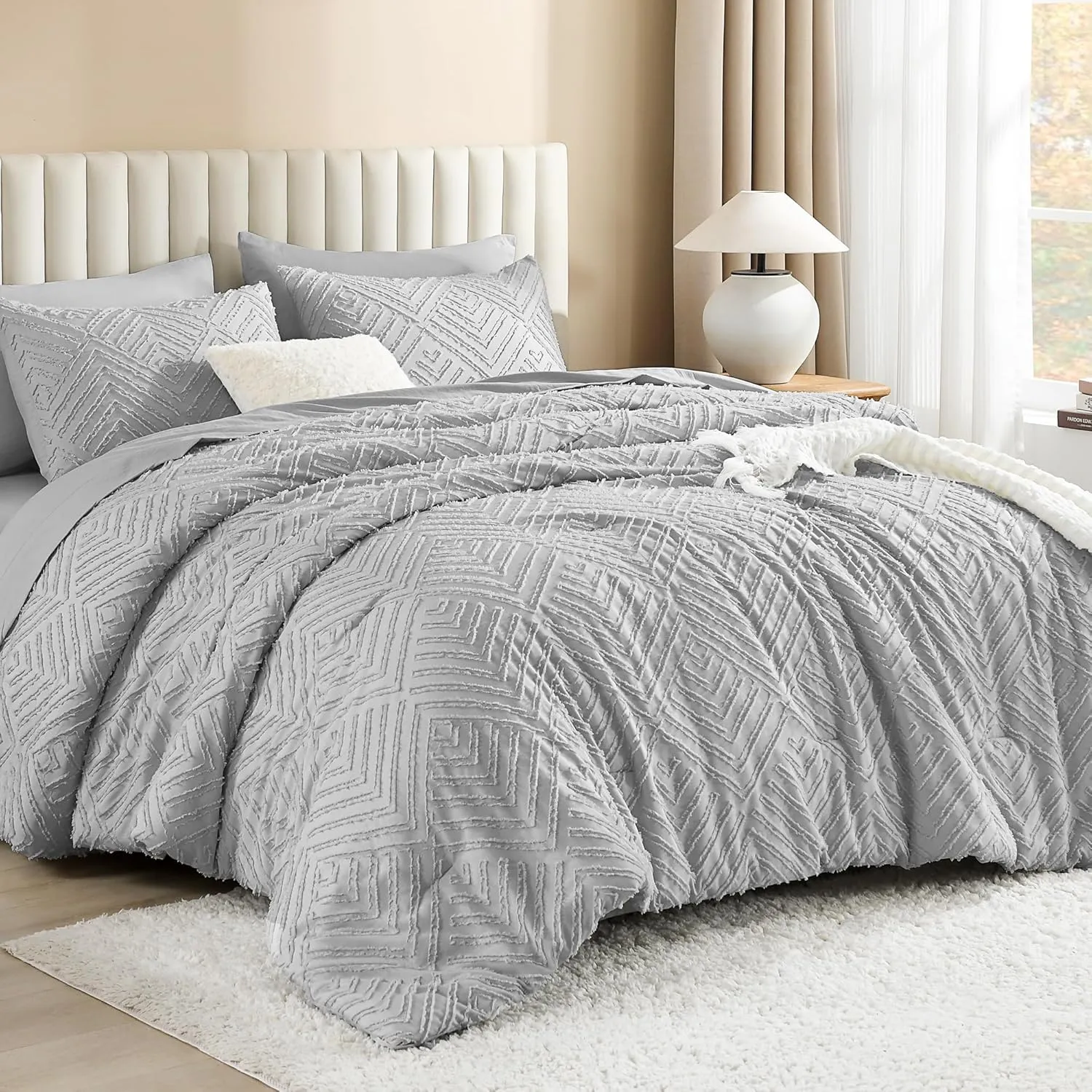 Litanika California King Size Comforter Sets Light Grey, Bed in a Bag 7 Pieces Boho Tufted, Cal King Bedding Set with Comforter, Sheet, Pillowcases & Shams