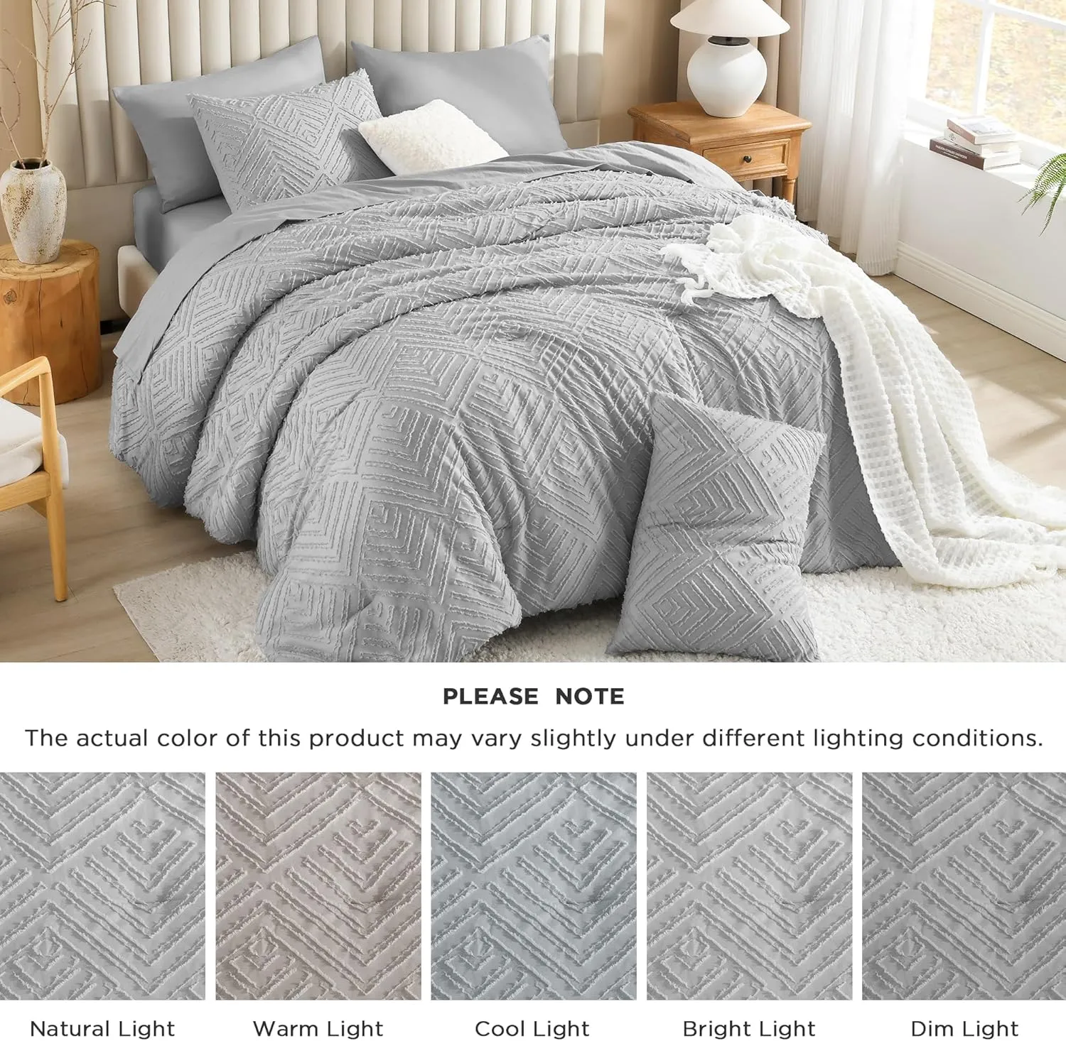 Litanika California King Size Comforter Sets Light Grey, Bed in a Bag 7 Pieces Boho Tufted, Cal King Bedding Set with Comforter, Sheet, Pillowcases & Shams