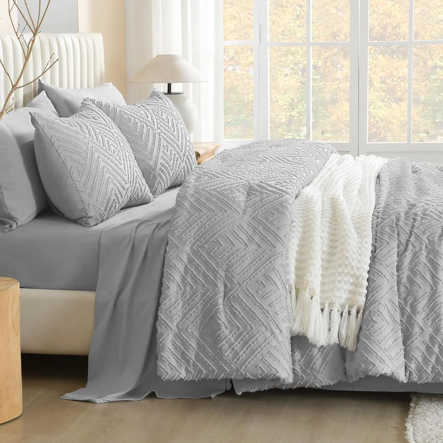 Litanika California King Size Comforter Sets Light Grey, Bed in a Bag 7 Pieces Boho Tufted, Cal King Bedding Set with Comforter, Sheet, Pillowcases & Shams