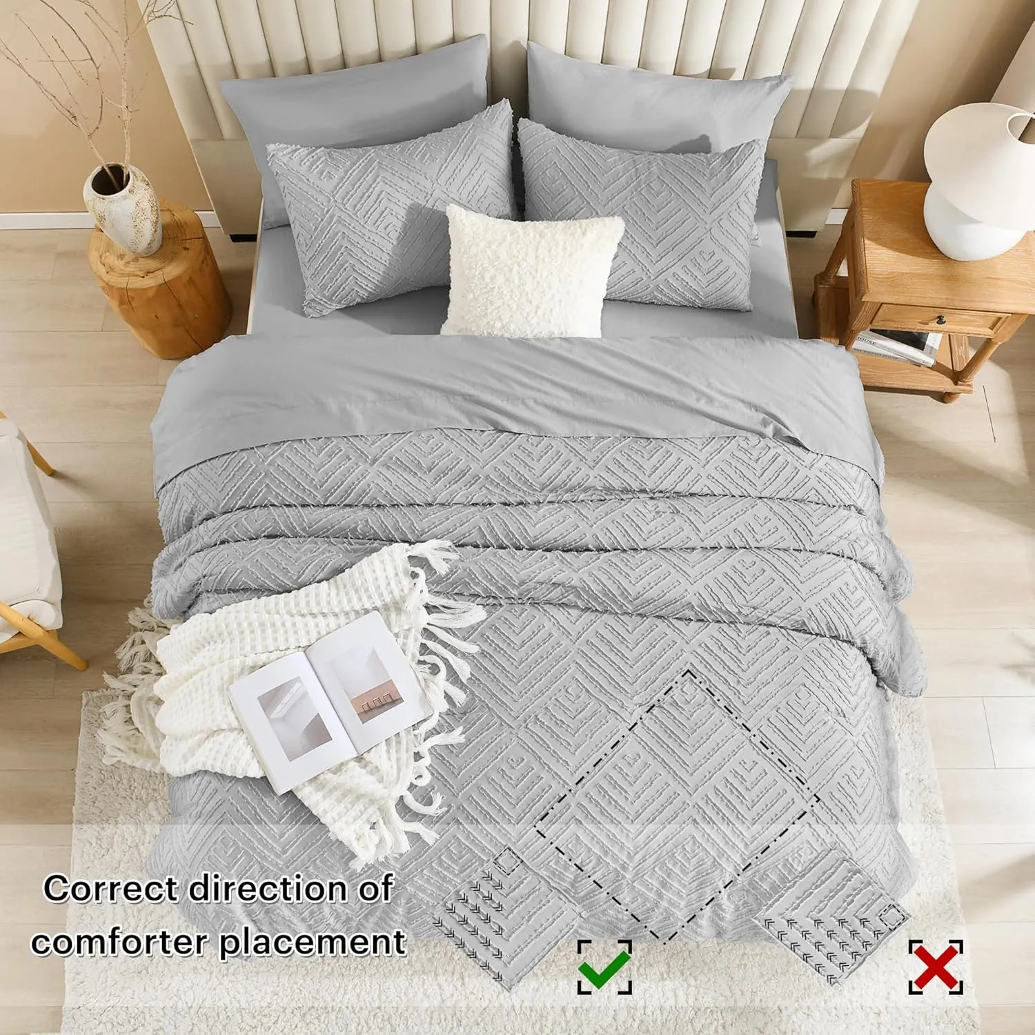 Litanika California King Size Comforter Sets Light Grey, Bed in a Bag 7 Pieces Boho Tufted, Cal King Bedding Set with Comforter, Sheet, Pillowcases & Shams