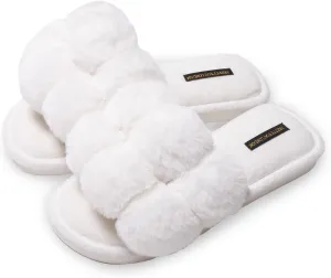 London Women's Footwear Pom-Pom Dolly White Slider Slippers (White, US Footwear Size System, Adult, Women, Numeric Range, Medium, 9, 10)