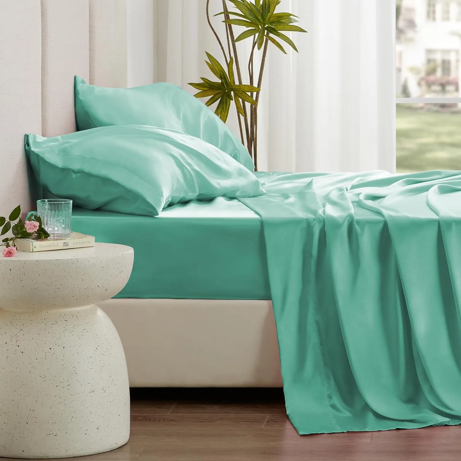 Love's cabin Full Satin Bed Linen Set, 4 Piece, Aqua, Silky Soft, Luxury Feeling, Wrinkle Resistant, Deep Pockets, Fitted & Flat Sheets, 2 Pillowcases