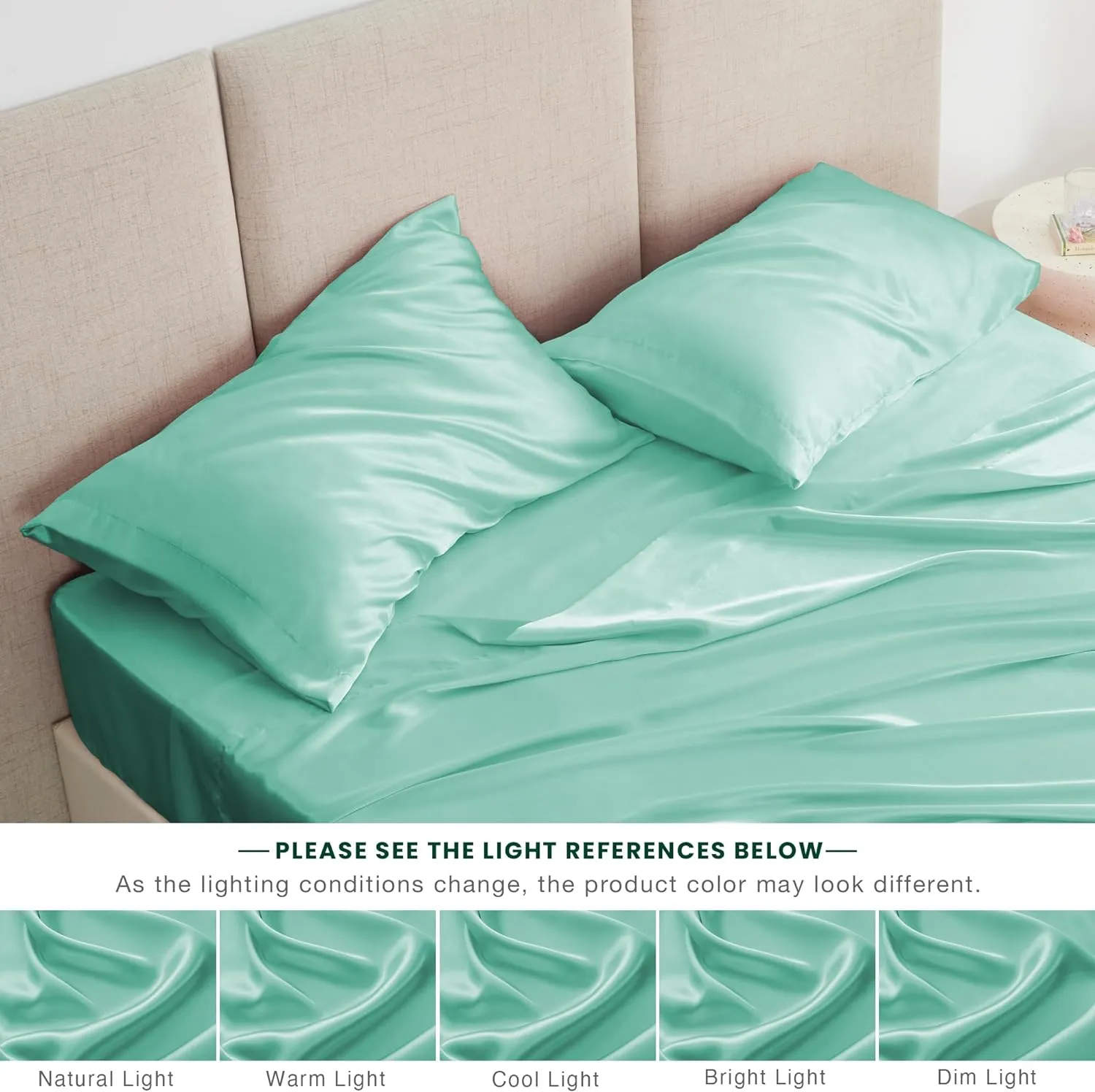Love's cabin Full Satin Bed Linen Set, 4 Piece, Aqua, Silky Soft, Luxury Feeling, Wrinkle Resistant, Deep Pockets, Fitted & Flat Sheets, 2 Pillowcases