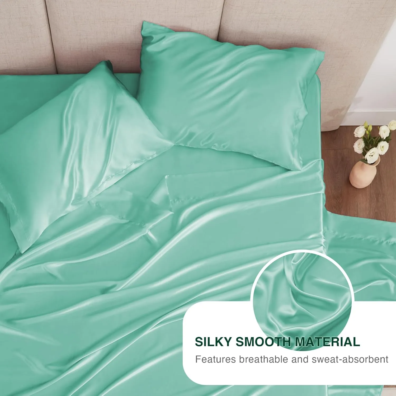 Love's cabin Full Satin Bed Linen Set, 4 Piece, Aqua, Silky Soft, Luxury Feeling, Wrinkle Resistant, Deep Pockets, Fitted & Flat Sheets, 2 Pillowcases