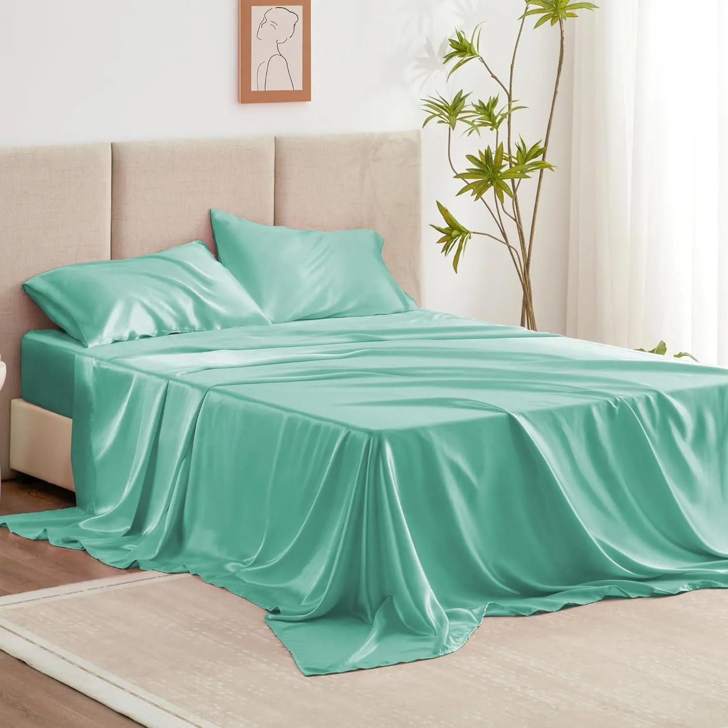Love's cabin Full Satin Bed Linen Set, 4 Piece, Aqua, Silky Soft, Luxury Feeling, Wrinkle Resistant, Deep Pockets, Fitted & Flat Sheets, 2 Pillowcases