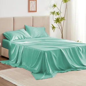 Love's cabin Full Satin Bed Linen Set, 4 Piece, Aqua, Silky Soft, Luxury Feeling, Wrinkle Resistant, Deep Pockets, Fitted & Flat Sheets, 2 Pillowcases