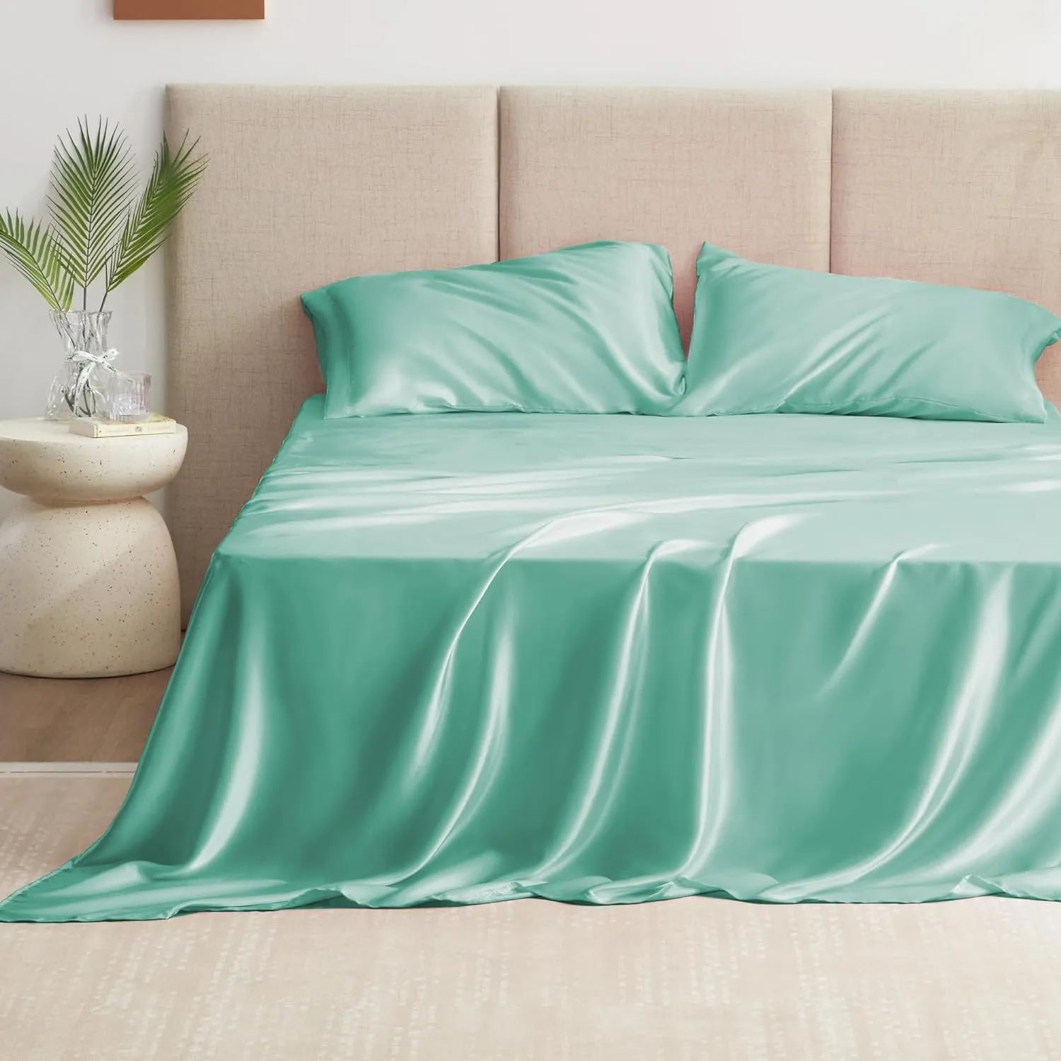 Love's cabin Full Satin Bed Linen Set, 4 Piece, Aqua, Silky Soft, Luxury Feeling, Wrinkle Resistant, Deep Pockets, Fitted & Flat Sheets, 2 Pillowcases