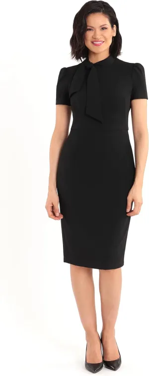 Maggy London Women's Midi Short Sleeve Sheath with Neck Tie Career Office Work Wear
