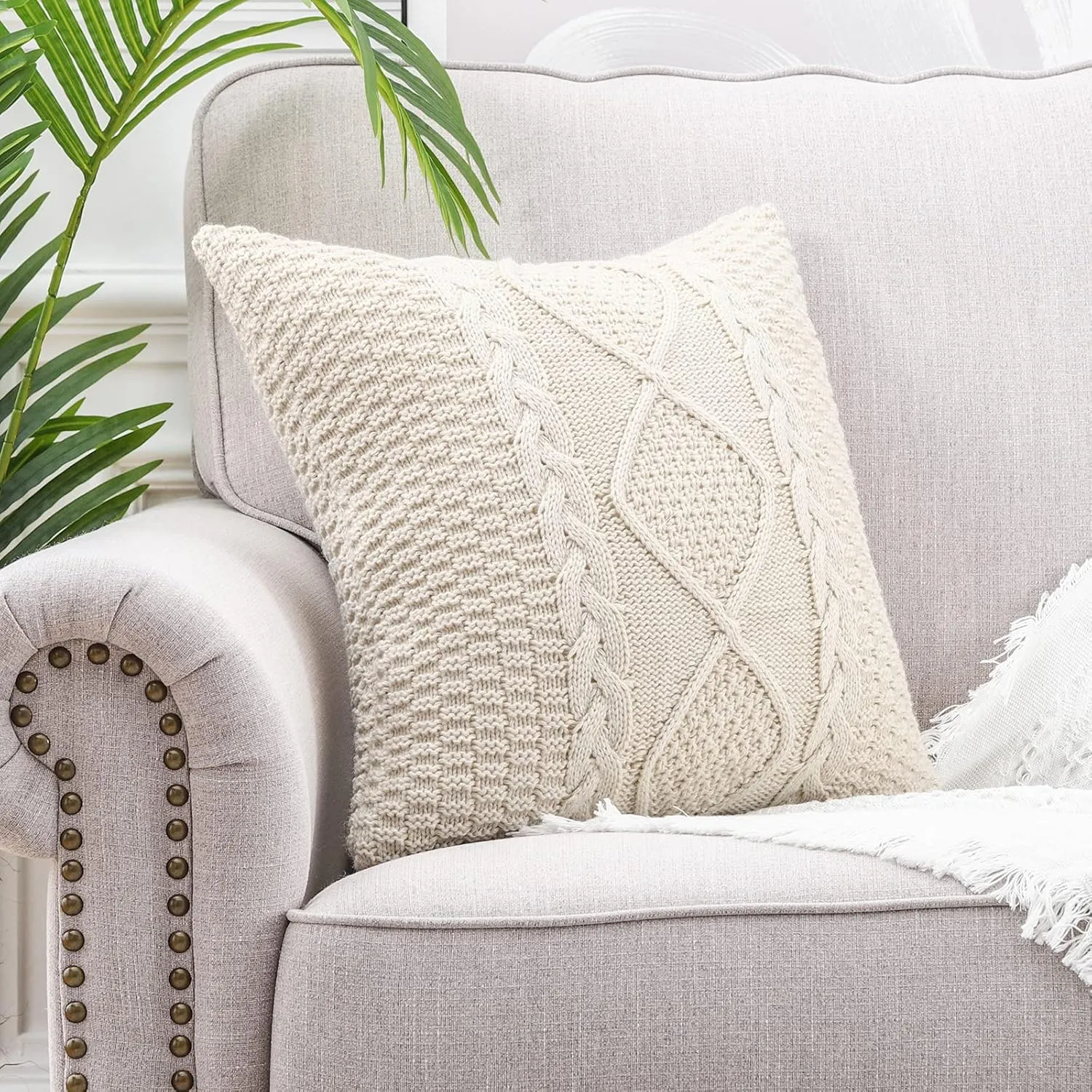 MANDIOO Cotton Knitted Beige Decorative Throw Pillow Covers Soft Cozy Outdoor Cushion Cases Luxury Modern Pillowcases for Couch Sofa Bed 24x24 Inches