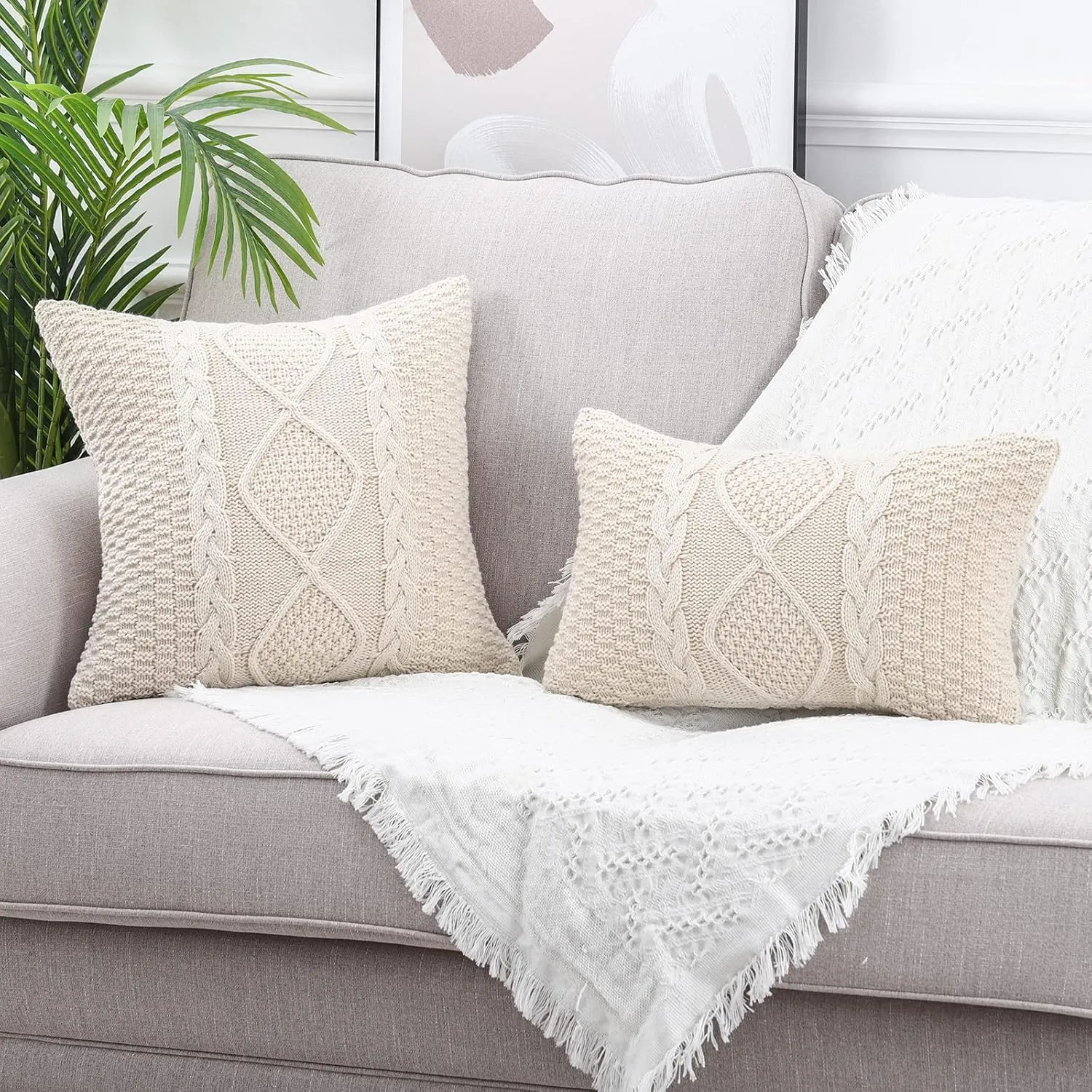 MANDIOO Cotton Knitted Beige Decorative Throw Pillow Covers Soft Cozy Outdoor Cushion Cases Luxury Modern Pillowcases for Couch Sofa Bed 24x24 Inches