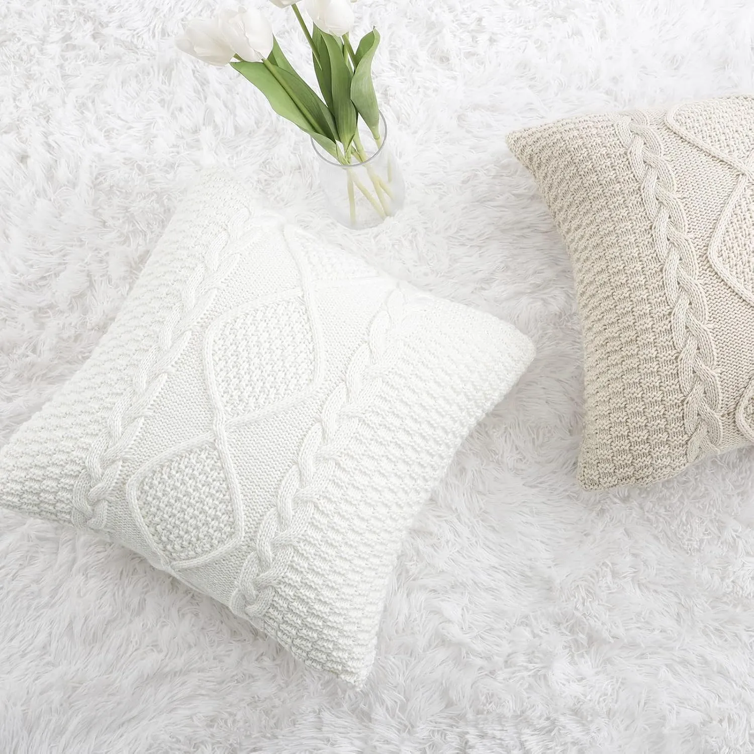 MANDIOO Cotton Knitted Beige Decorative Throw Pillow Covers Soft Cozy Outdoor Cushion Cases Luxury Modern Pillowcases for Couch Sofa Bed 24x24 Inches