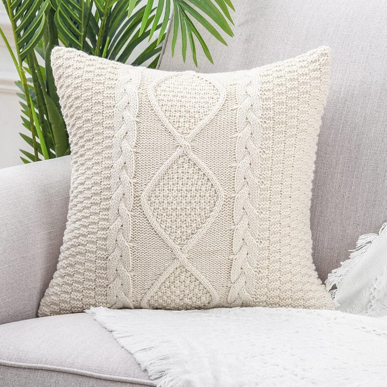 MANDIOO Cotton Knitted Beige Decorative Throw Pillow Covers Soft Cozy Outdoor Cushion Cases Luxury Modern Pillowcases for Couch Sofa Bed 24x24 Inches