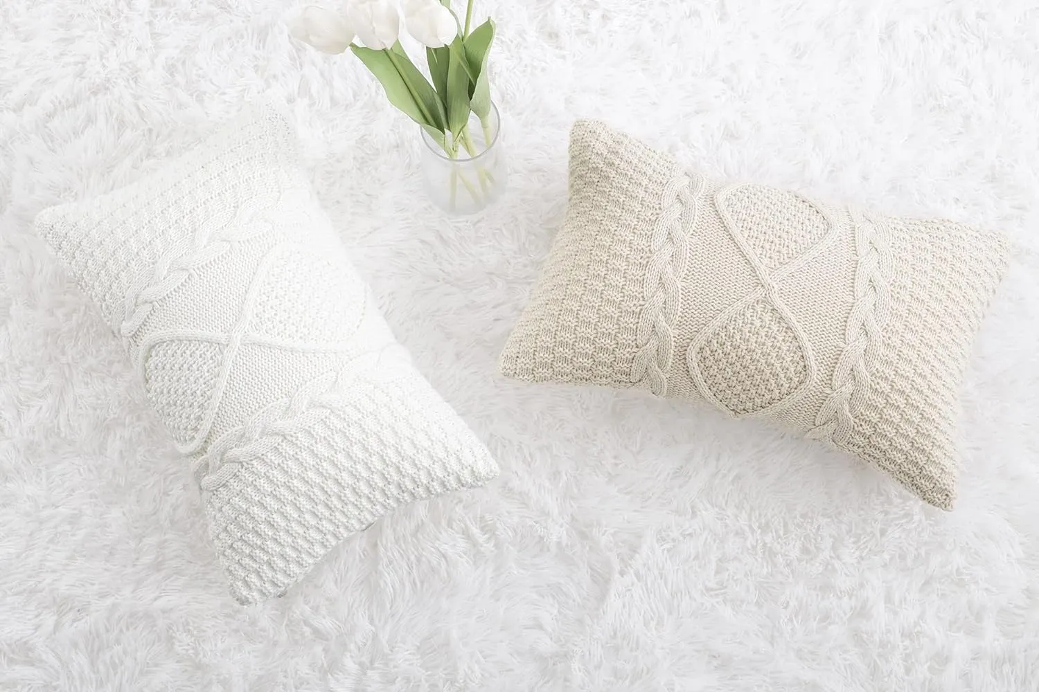 MANDIOO Cotton Knitted Beige Decorative Throw Pillow Covers Soft Cozy Outdoor Cushion Cases Luxury Modern Pillowcases for Couch Sofa Bed 24x24 Inches